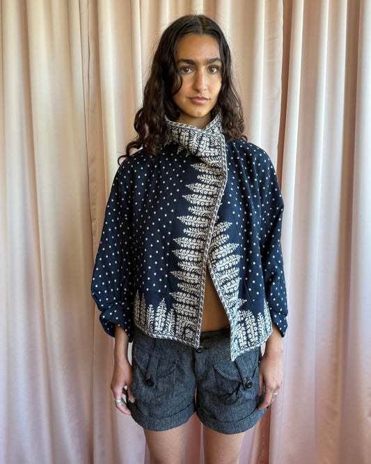 BCBGMaxazria Navy & Cream Polka Dot Printed Wool Blend Jacket