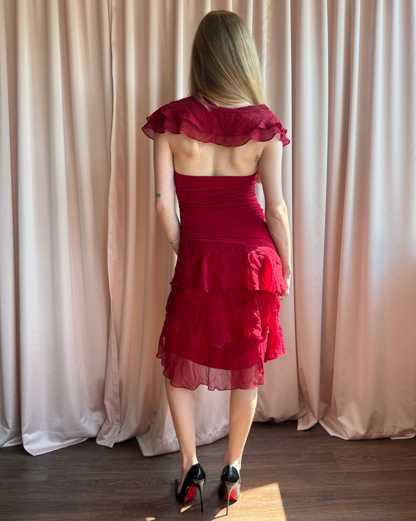 BCBGMaxazria Red Silk Ruffle Off The Shoulder Dress