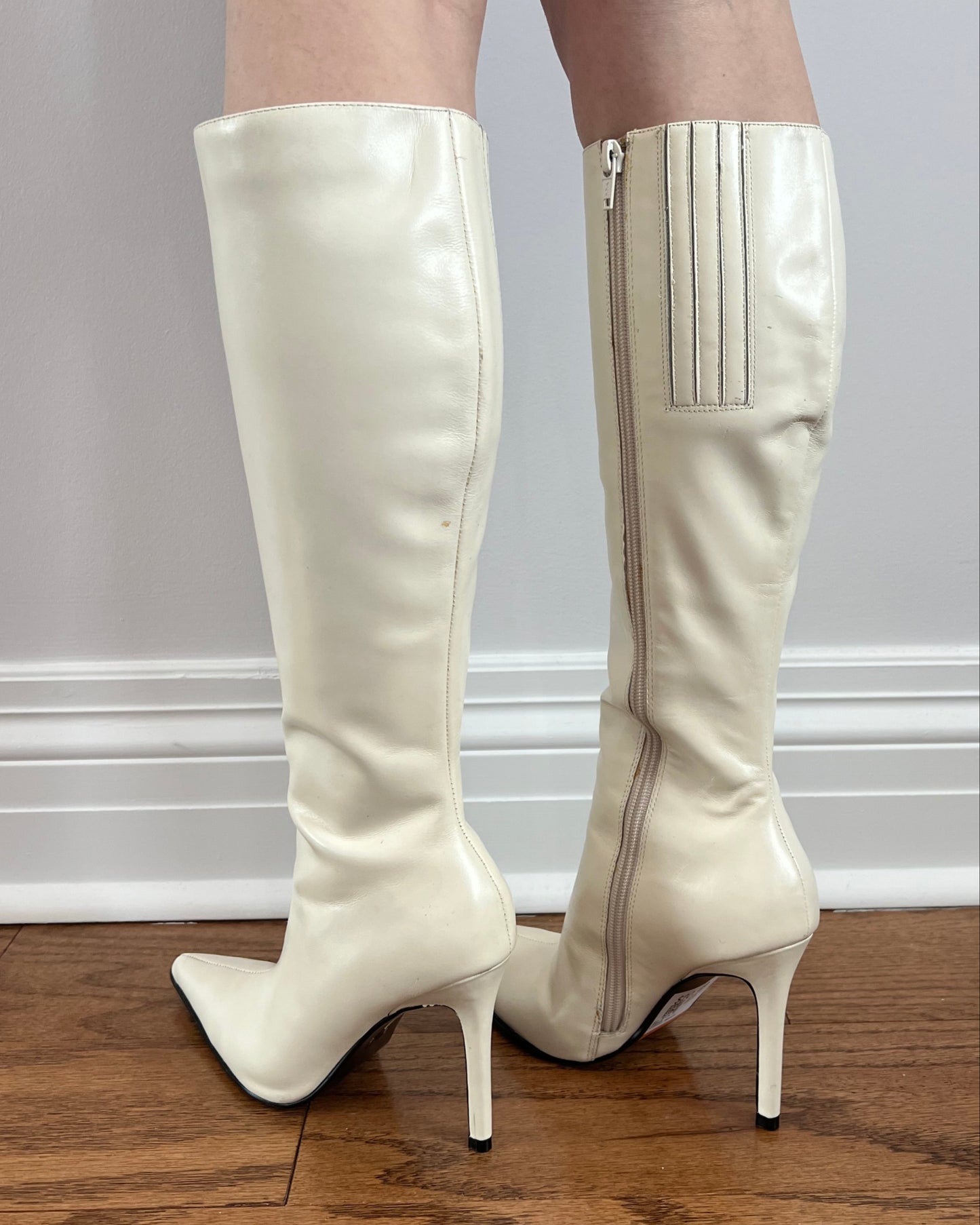 White Genuine Leather Pointed Toe Stiletto Boots