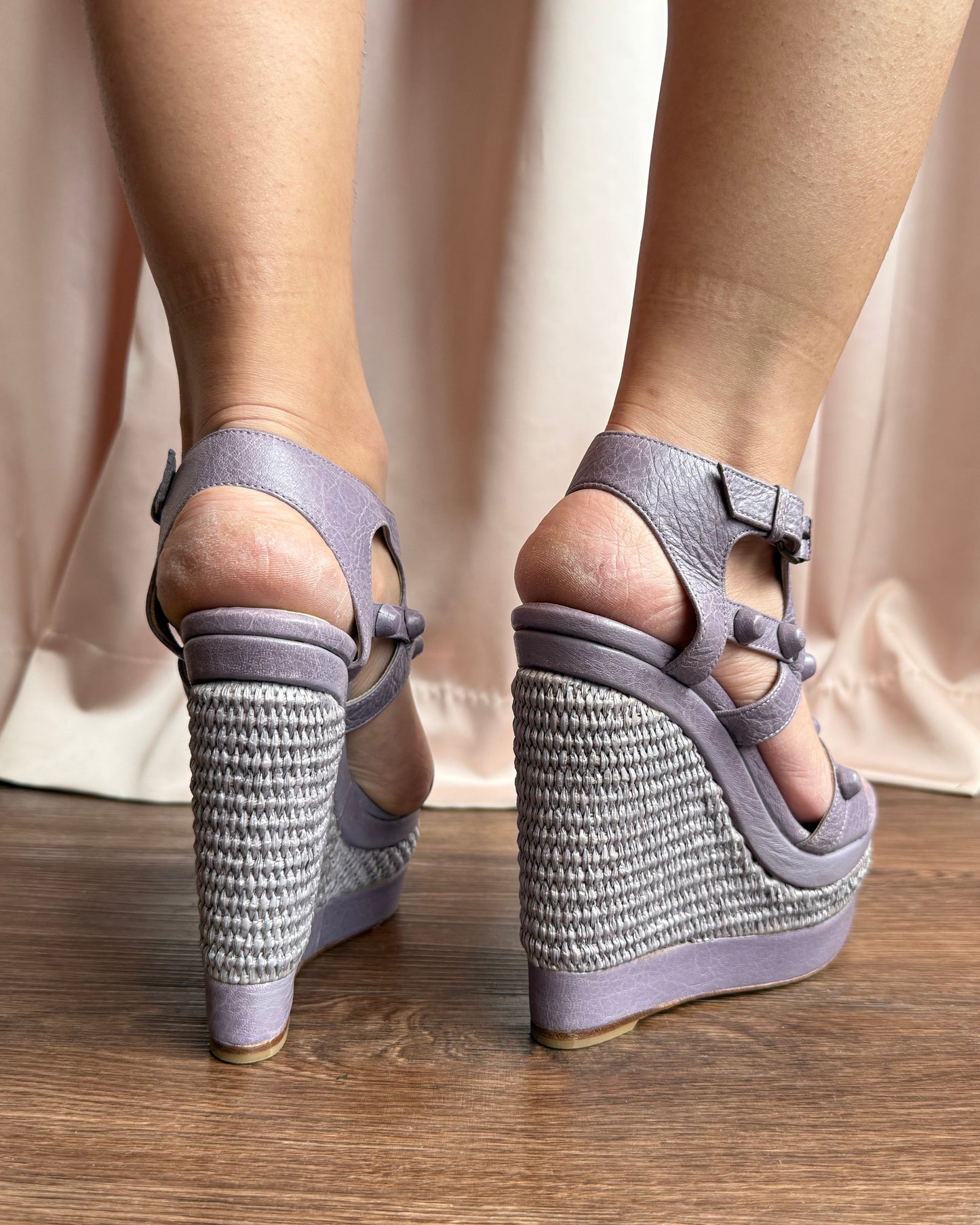 Balenciaga Lavender Leather Studded Wedge Sandals