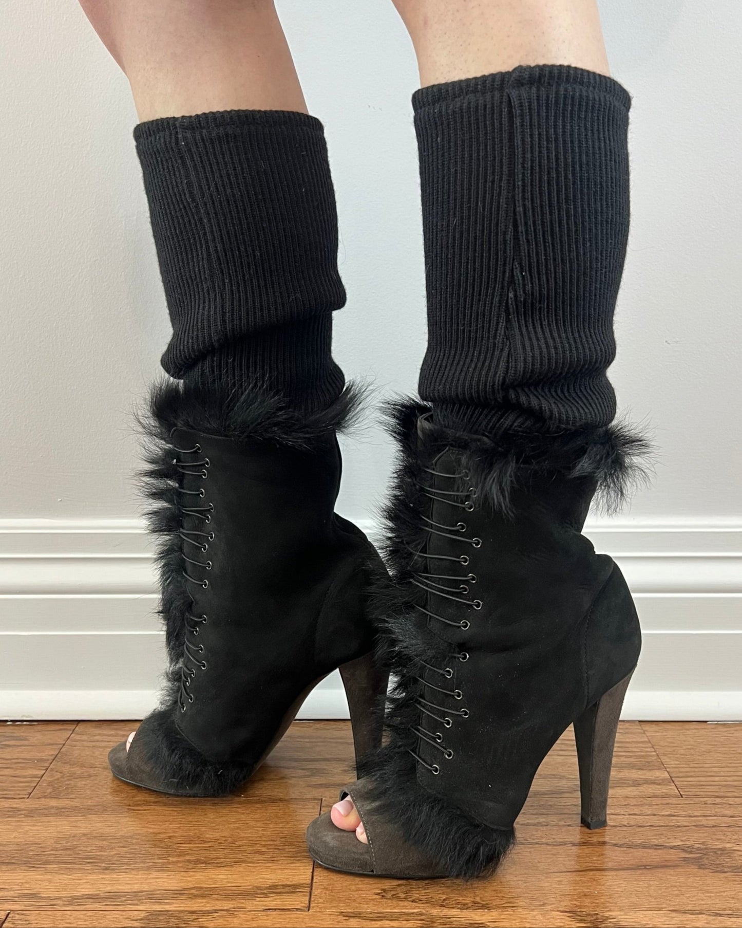 Genuine Fur & Suede Peep Toe Heeled Boots