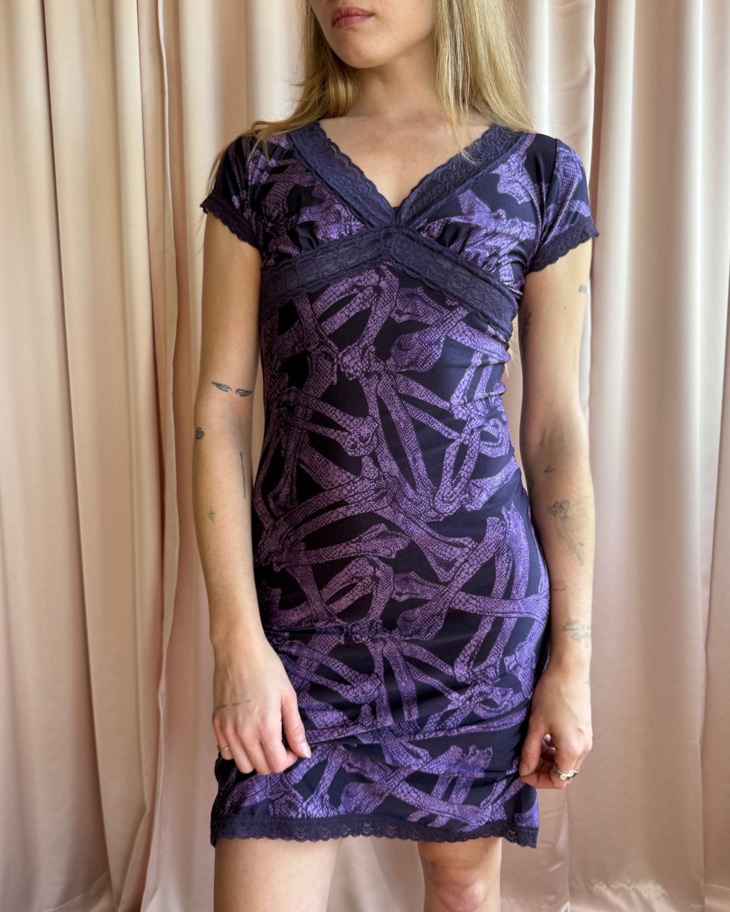 Hysteric Glamour Purple Bones Print Lace Trim Dress