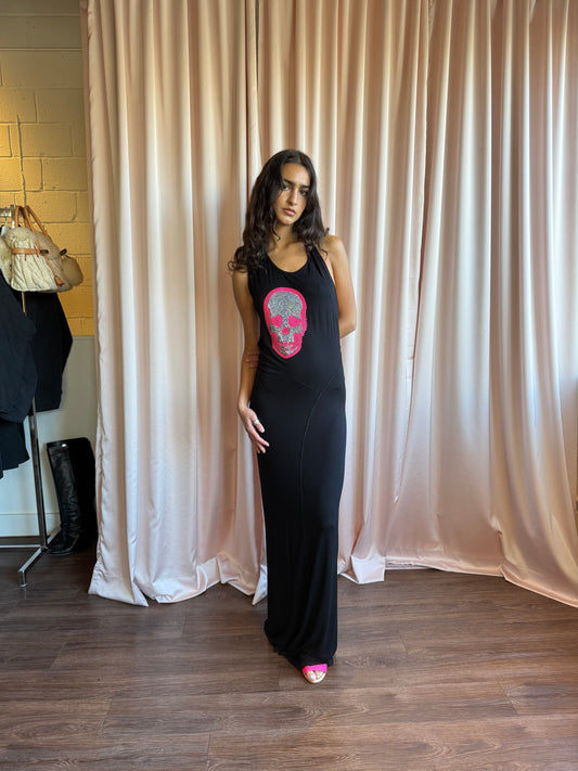 Italian Brand Rhinestone Skull Asymmetric Maxi Dress