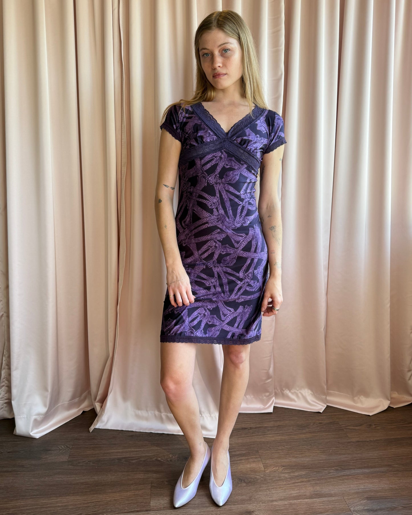 Hysteric Glamour Purple Bones Print Lace Trim Dress