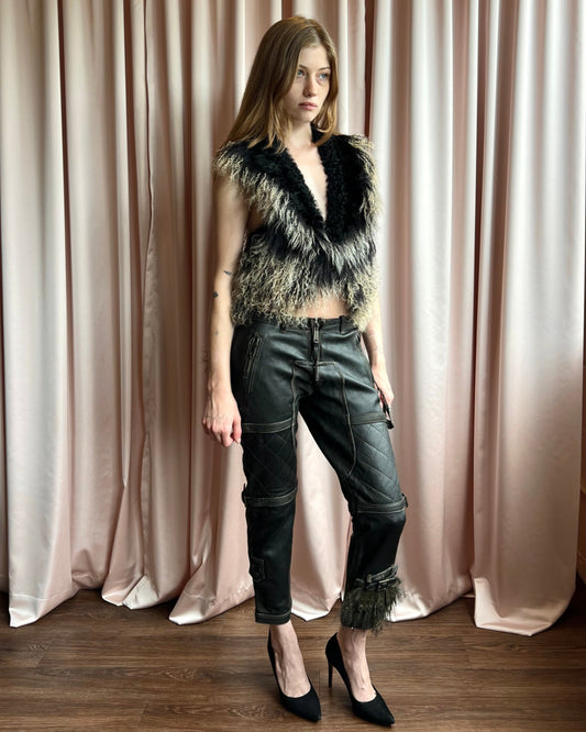 Dsquared² F/W 2005 Lamb Fur Accent Faded Leather Biker Pants