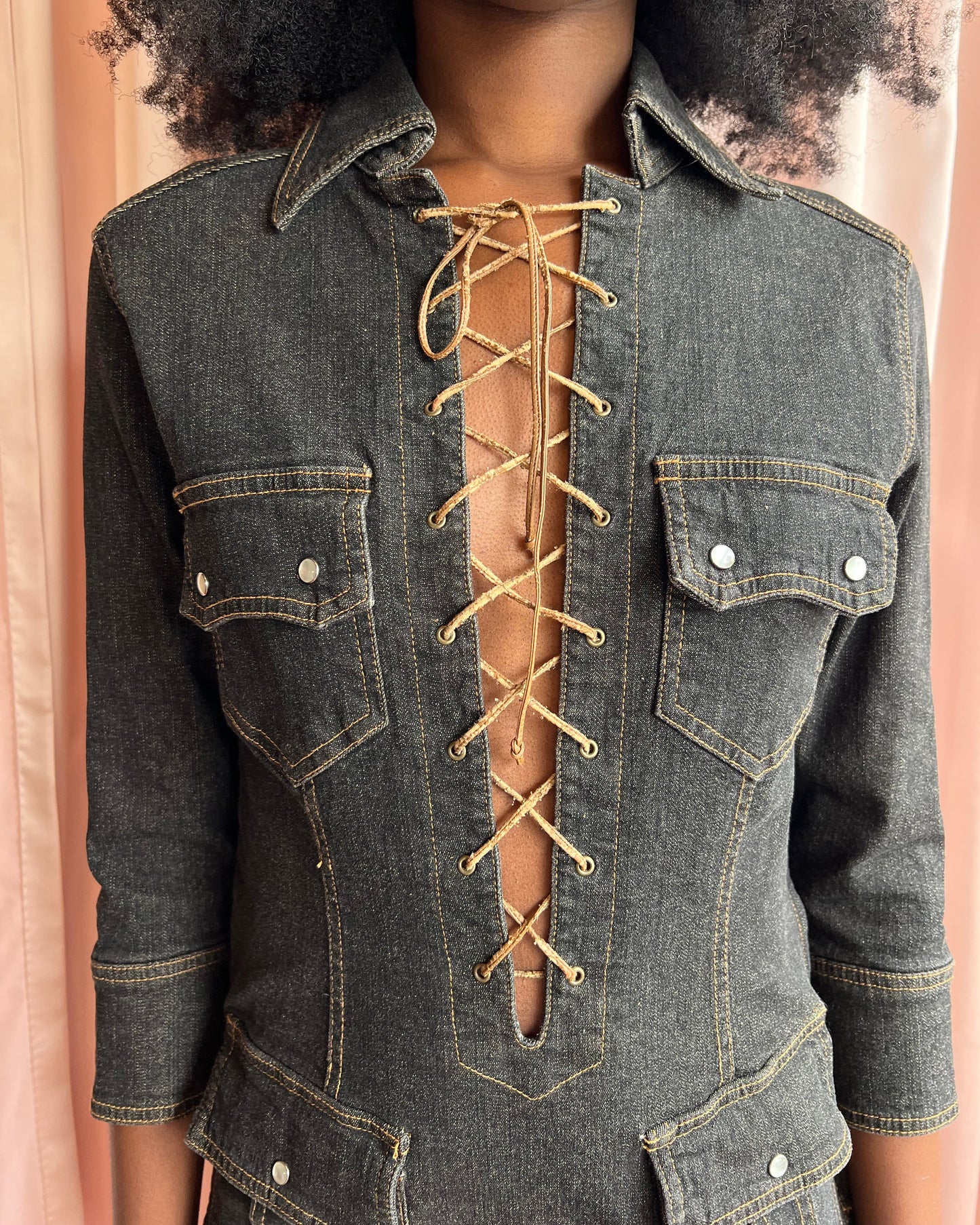 Japanese Brand Deadstock Lace Up Denim Mini Dress