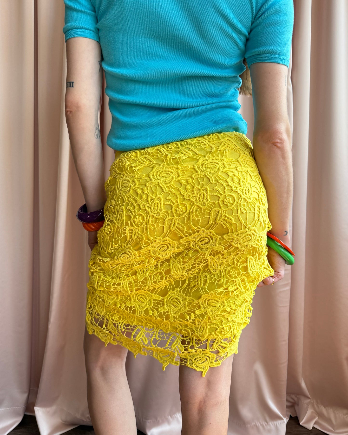 Italian Designer Yellow Lace Midi Skirt