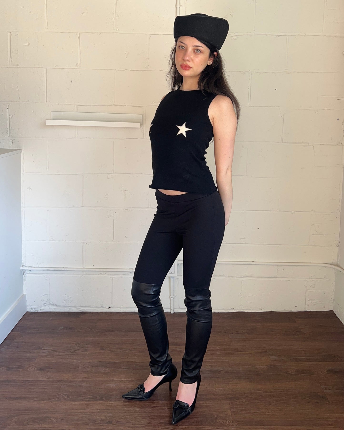 Lamb Leather Panel Black Leggings