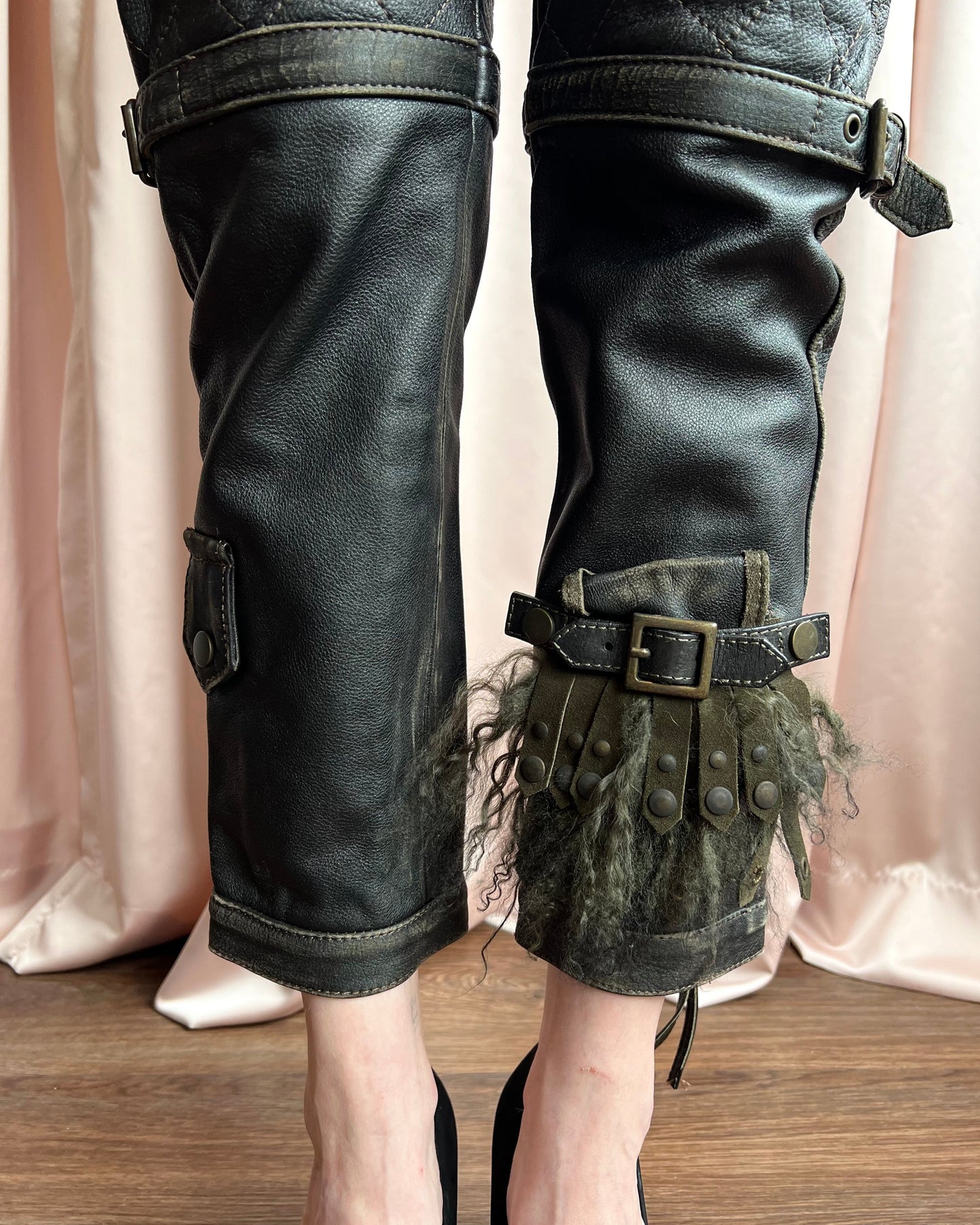 Dsquared² F/W 2005 Lamb Fur Accent Faded Leather Biker Pants