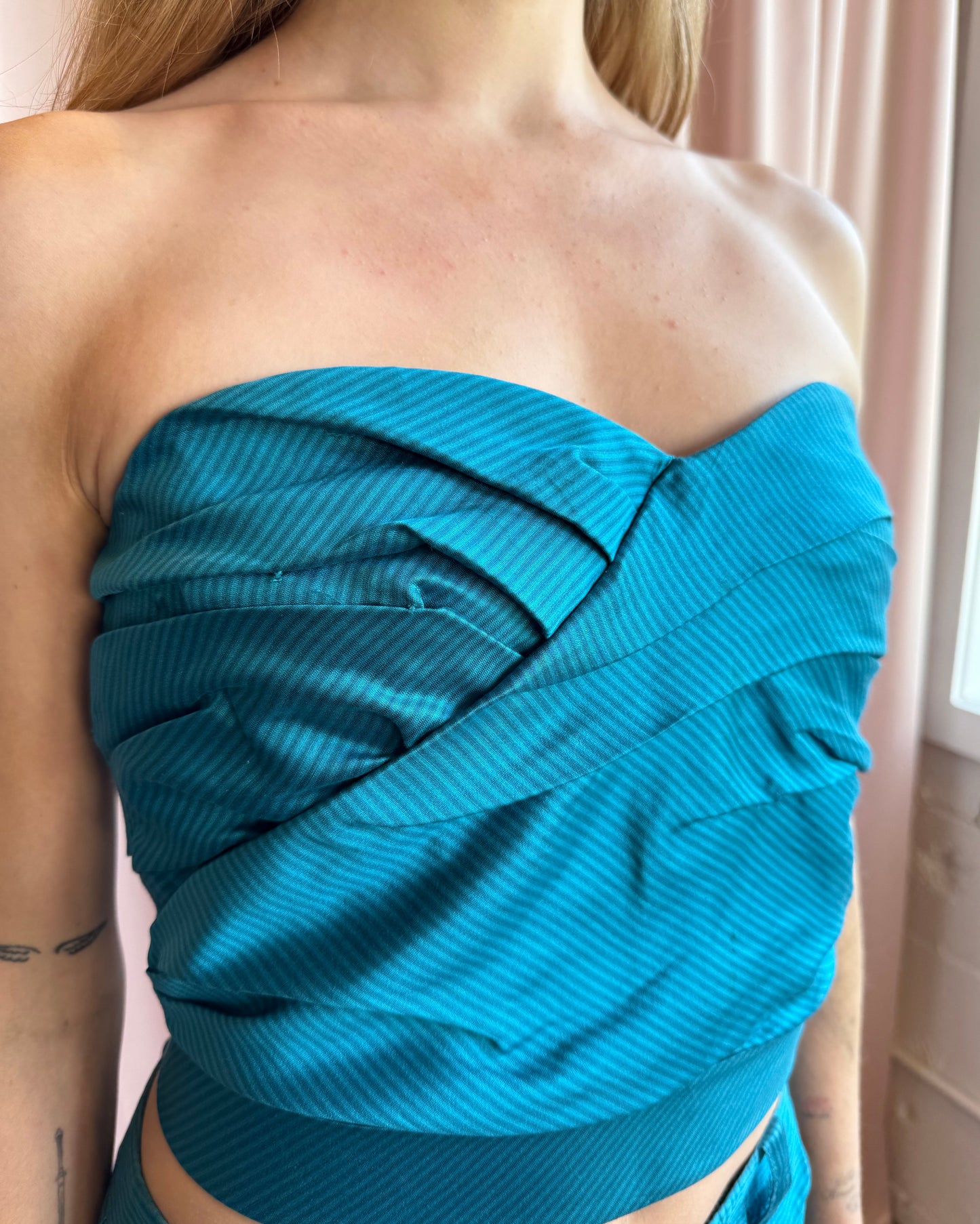 Marc by Marc Jacobs S/S 2010 Silk Pinstriped Teal Bustier Top