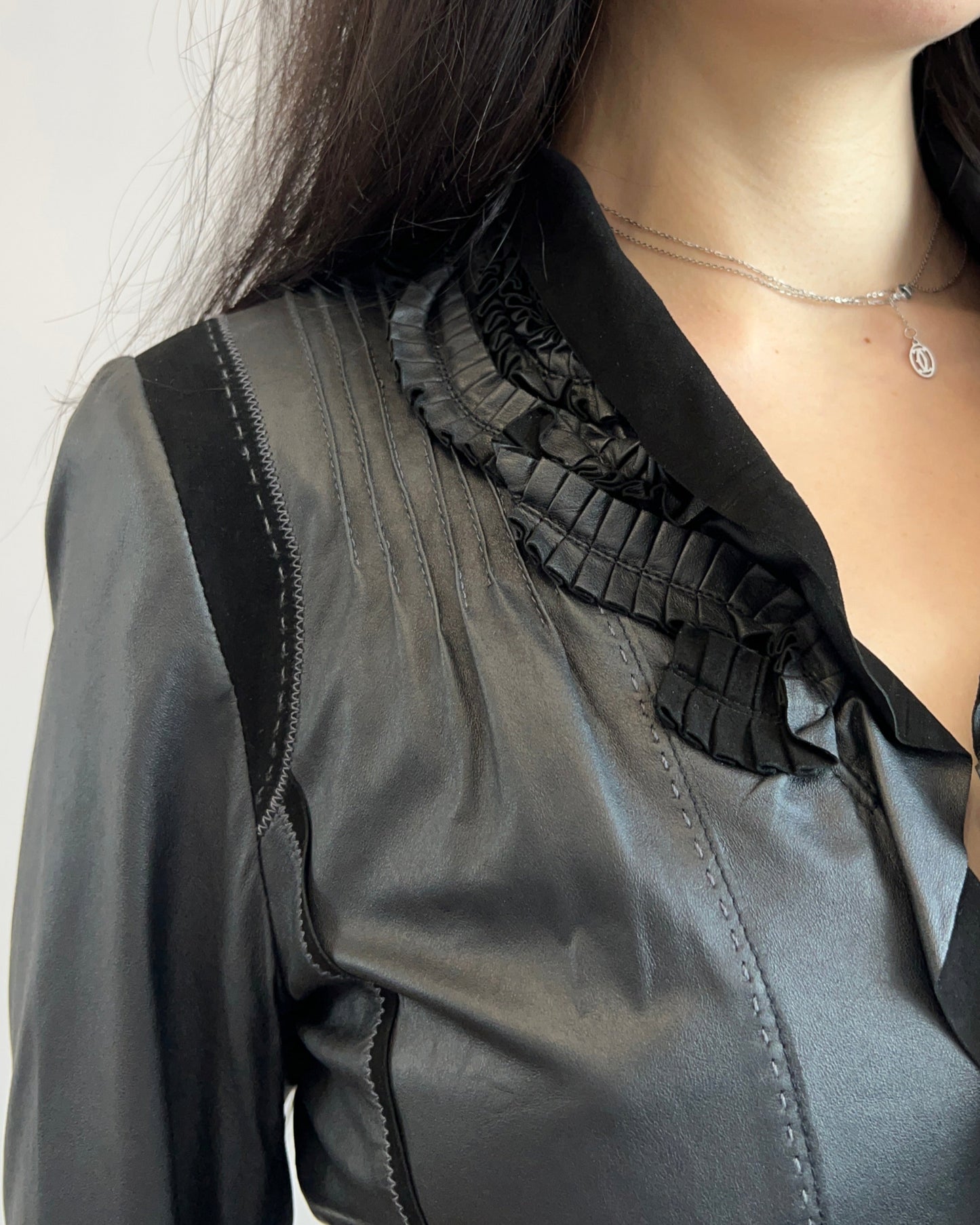 Black Ruffle Collar Leather Jacket