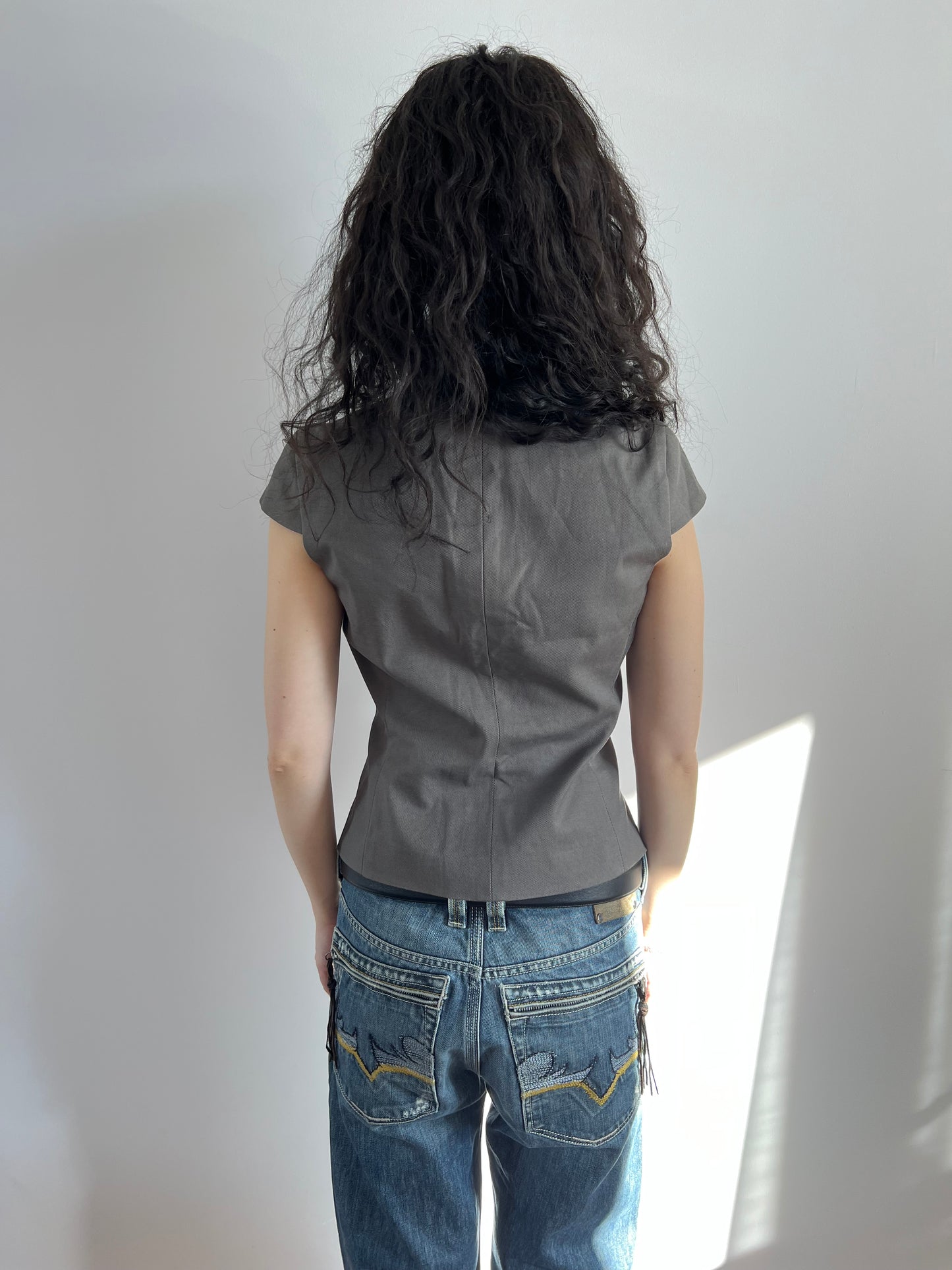 Grey Short Sleeve Structured Top