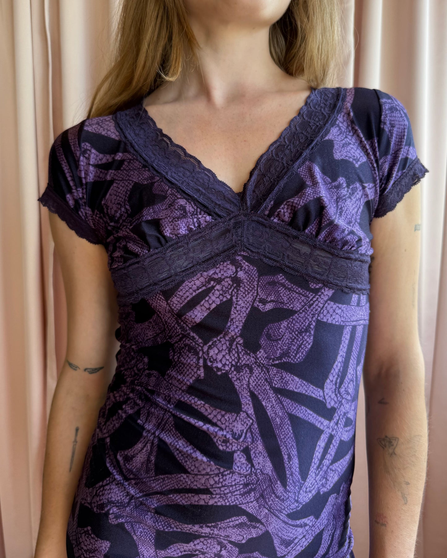 Hysteric Glamour Purple Bones Print Lace Trim Dress