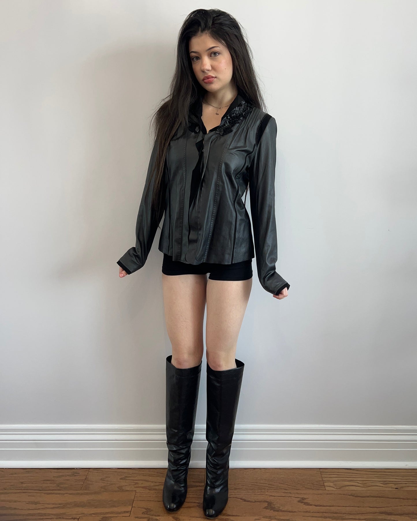 Black Ruffle Collar Leather Jacket