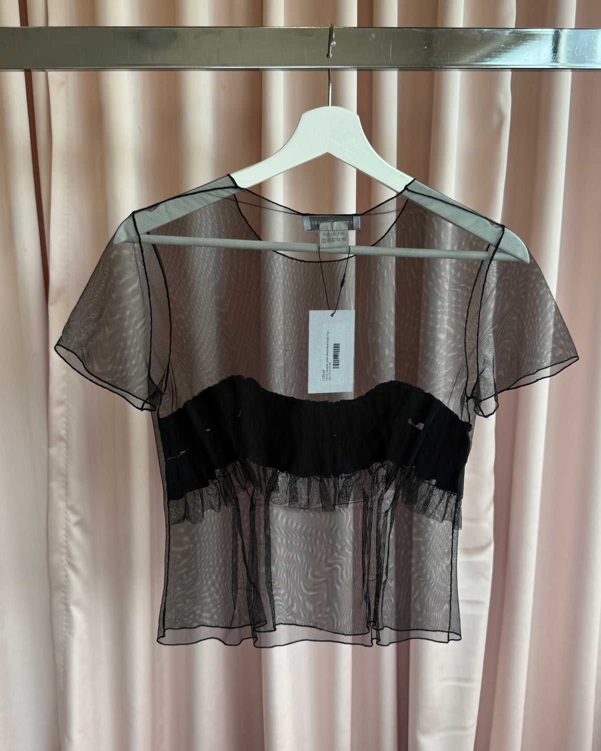 French Designer Sheer Black Mesh Ruffle Short Sleeve Top