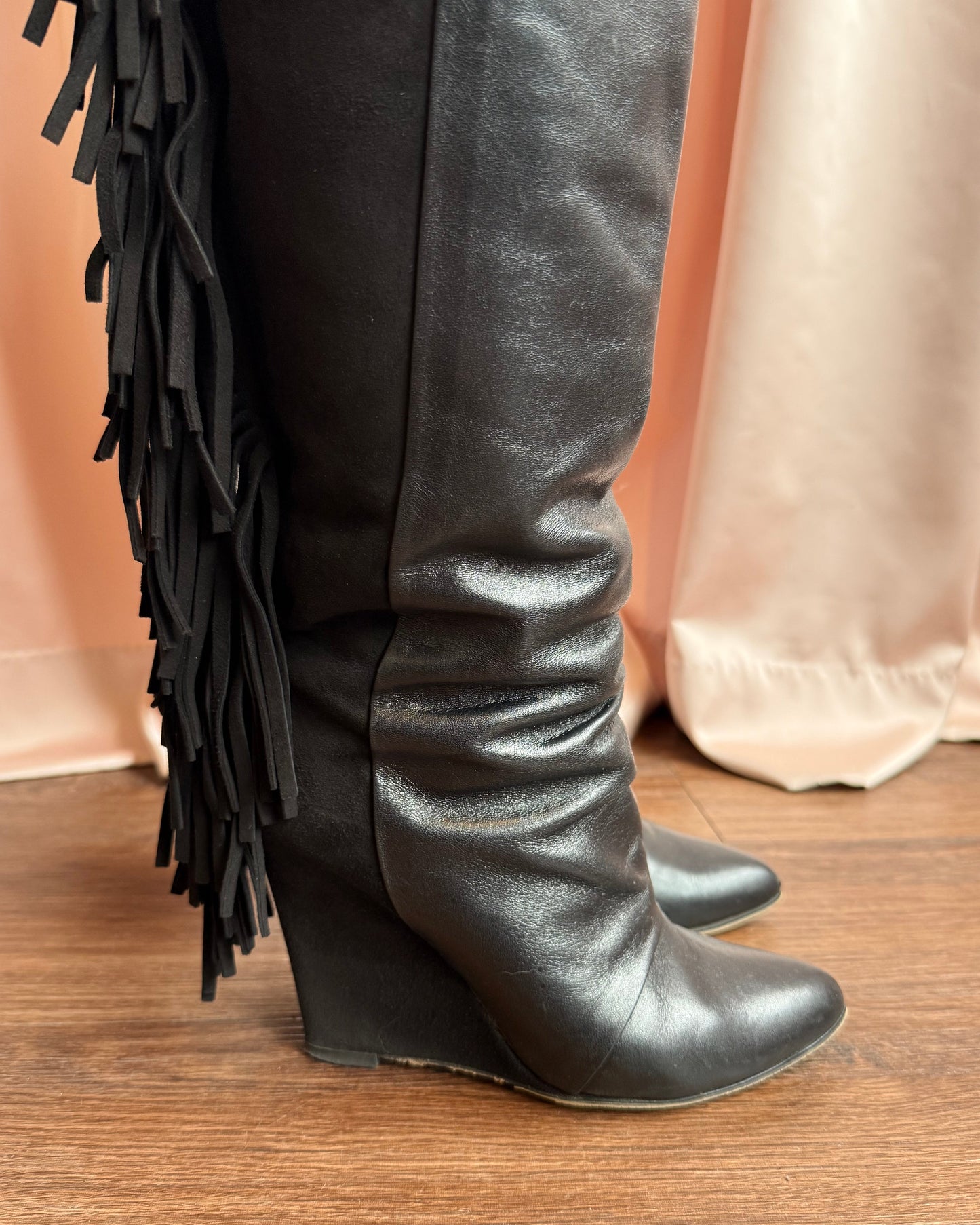 Italian Designer Black Suede & Leather Fringe Boots