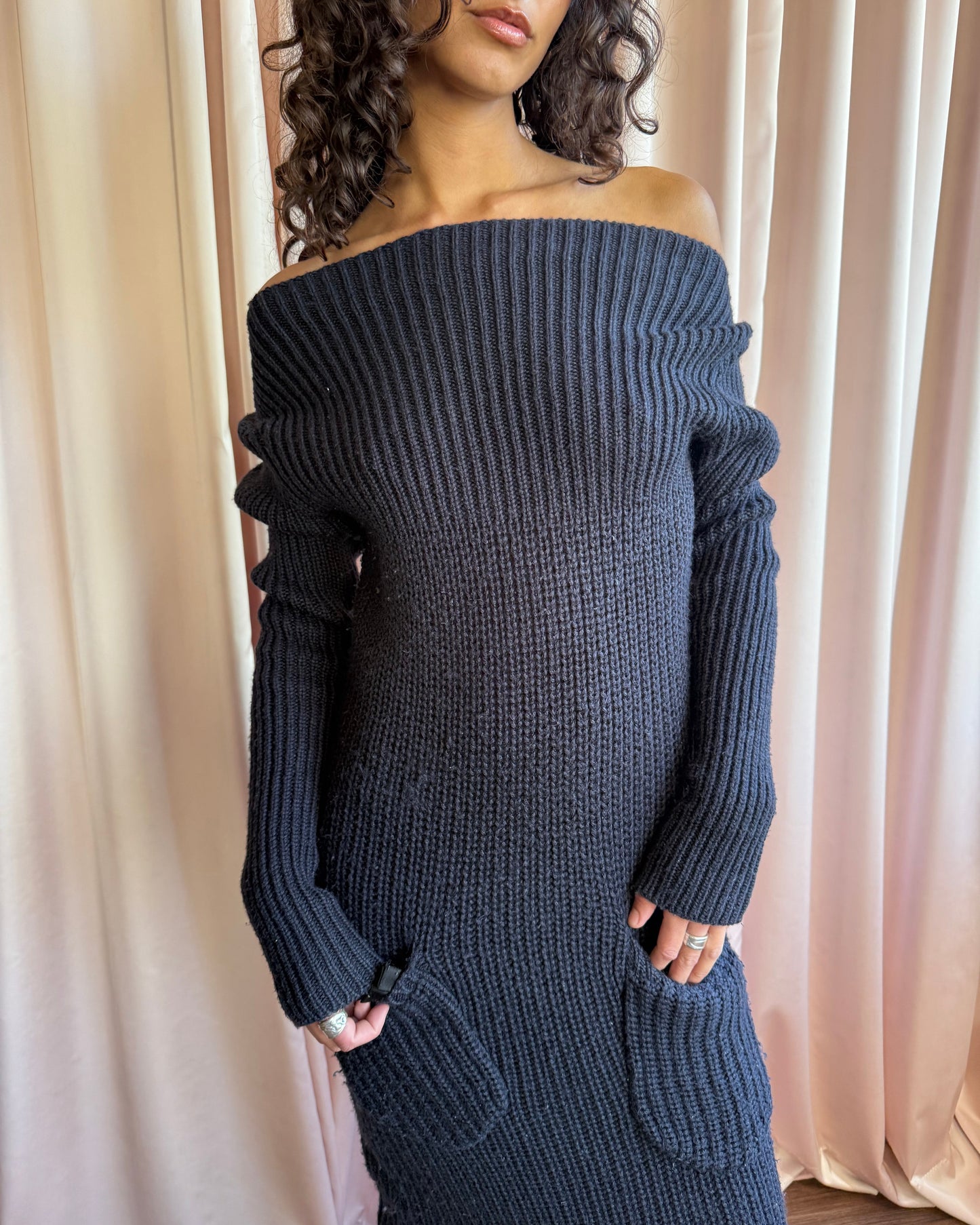 Italian Designer Navy Off The Shoulder Long Sleeve Knit Dress