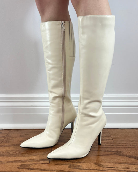 White Genuine Leather Pointed Toe Stiletto Boots
