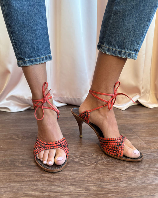 Bottega Veneta Red Leather Tie Up Heel Sandals