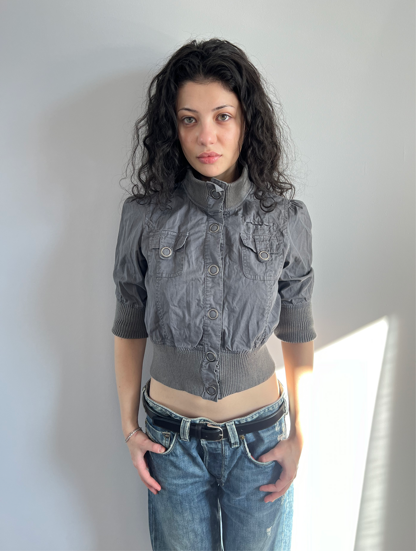 Grey Cropped Button Up Cargo Top