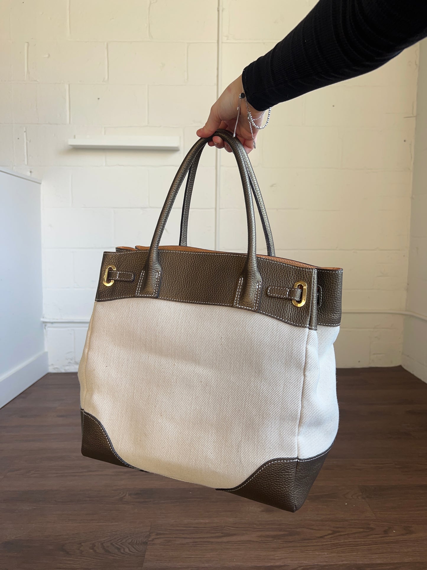 “Firkin” Patched Canvas & Leather Handbag