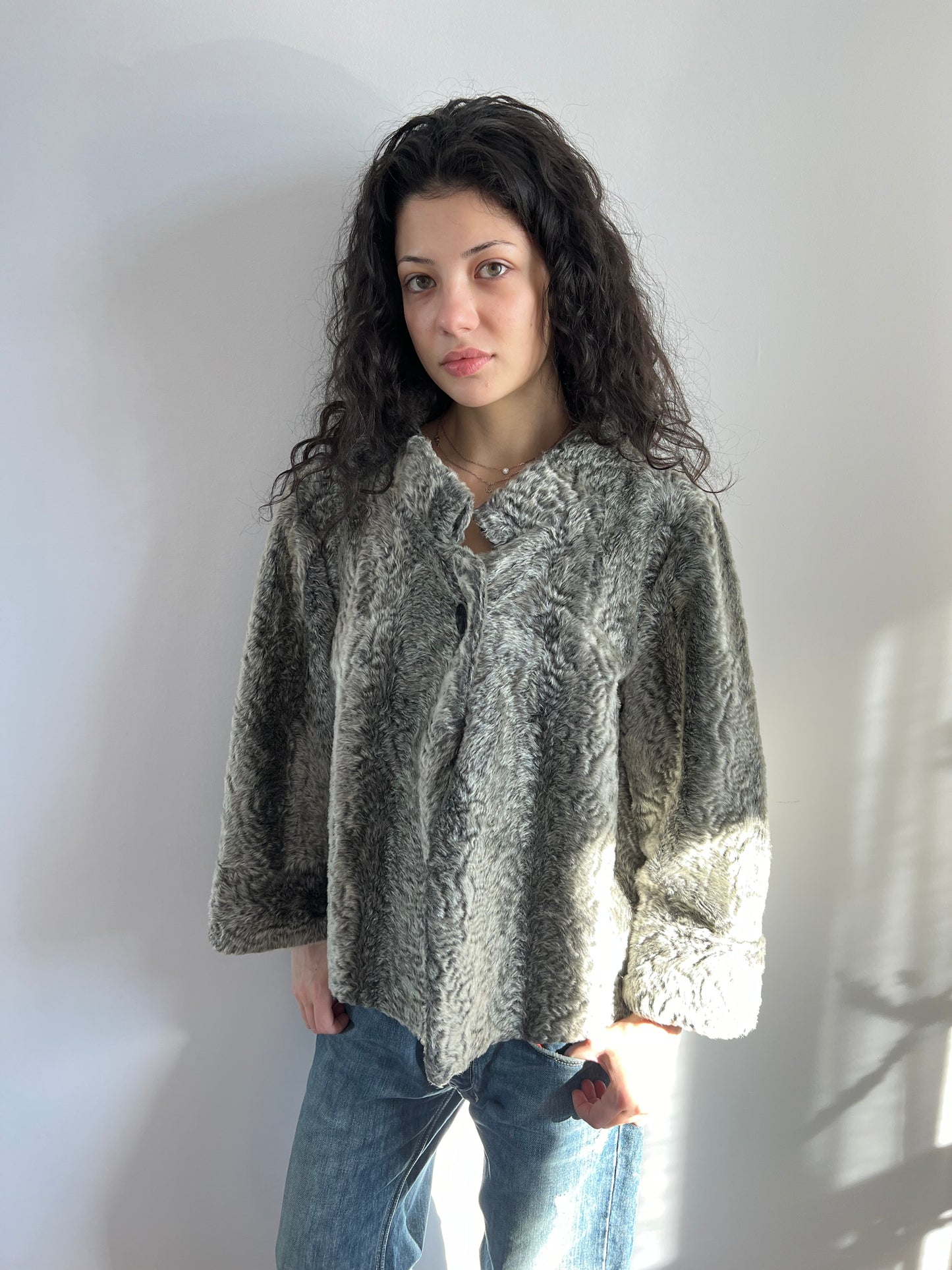 Grey Faux Lamb Fur Jaket