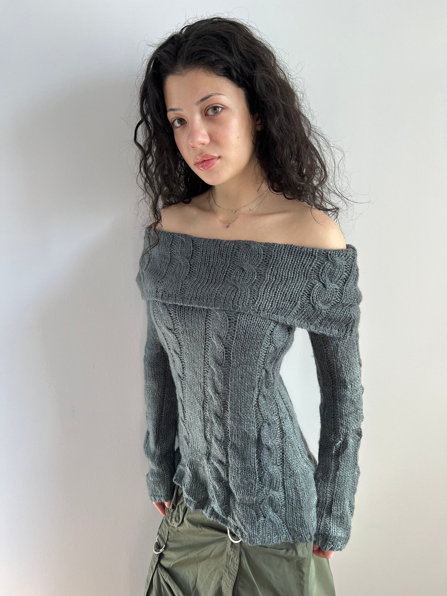 Grey Shimmer Off The Shoulder Knit