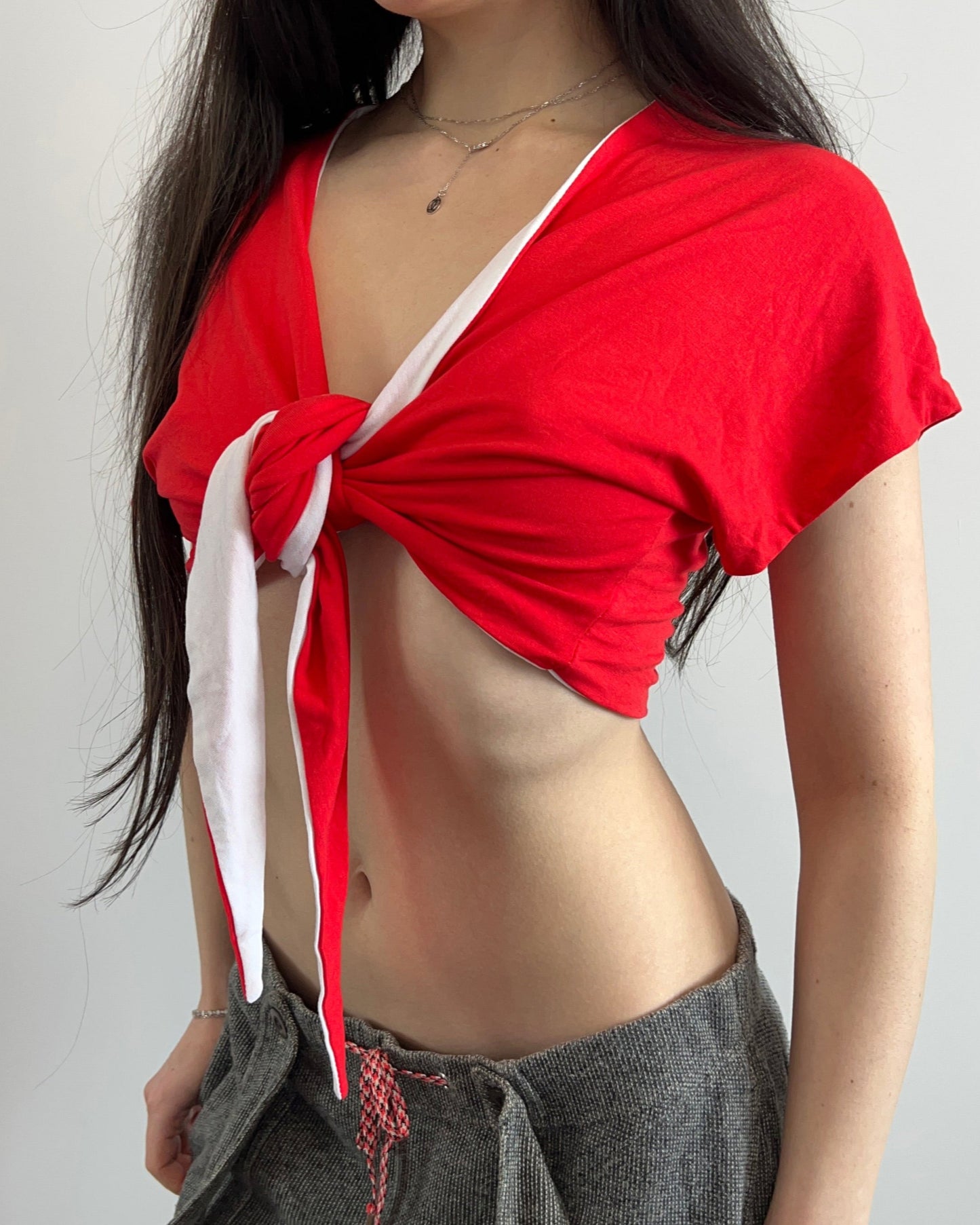Red & White Reversible Cropped Tie Top