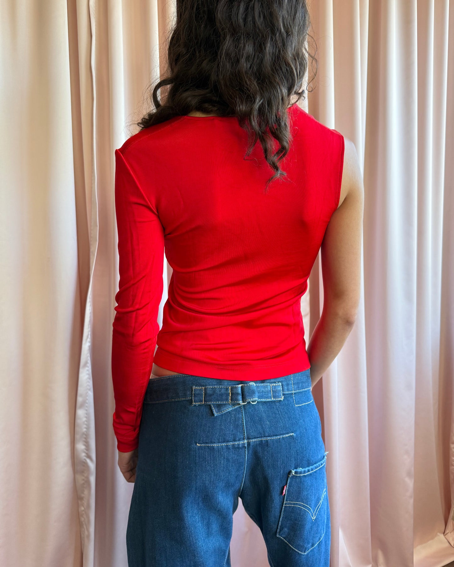 Helmut Lang Asymmetrical Single Sleeve Red Top