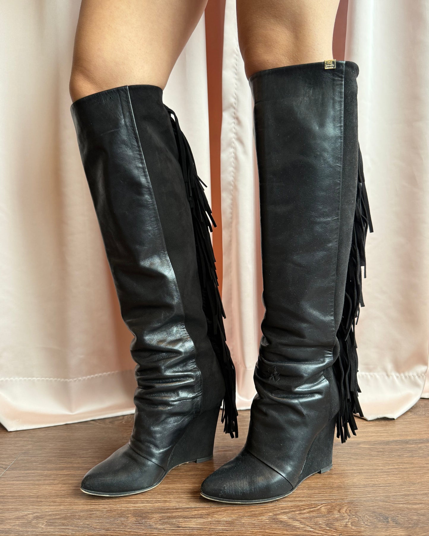 Italian Designer Black Suede & Leather Fringe Boots
