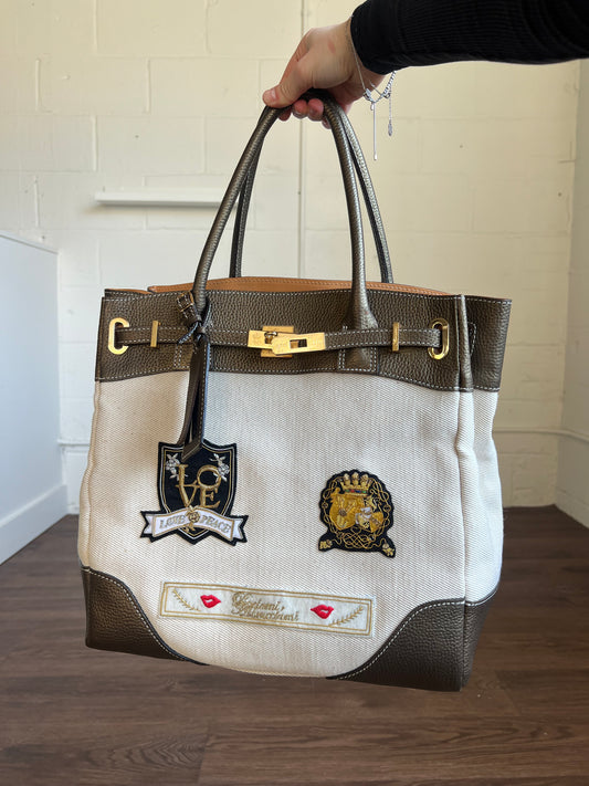“Firkin” Patched Canvas & Leather Handbag