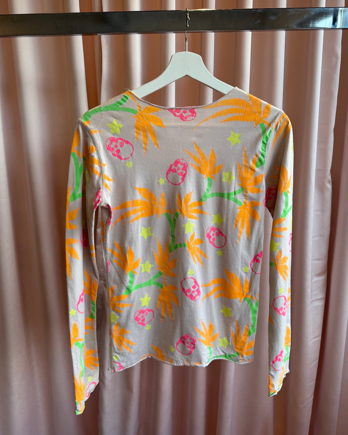 French Designer Neon Hemp Leaf Skull All Over Print Long Sleeve Top