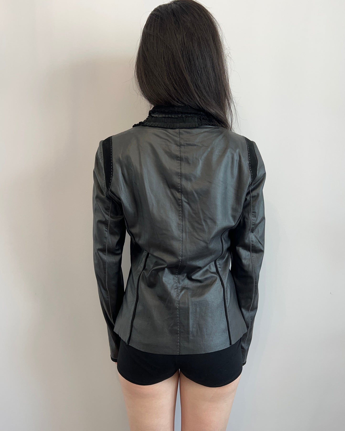 Black Ruffle Collar Leather Jacket