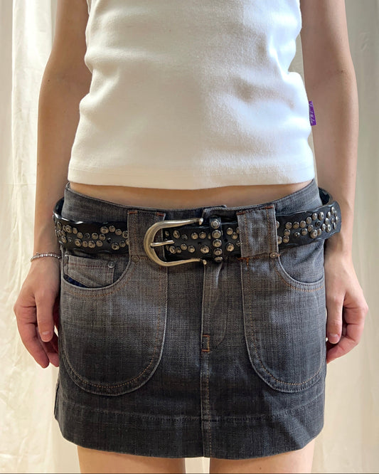 Rhinestone Studded Black Genuine Leather Belt