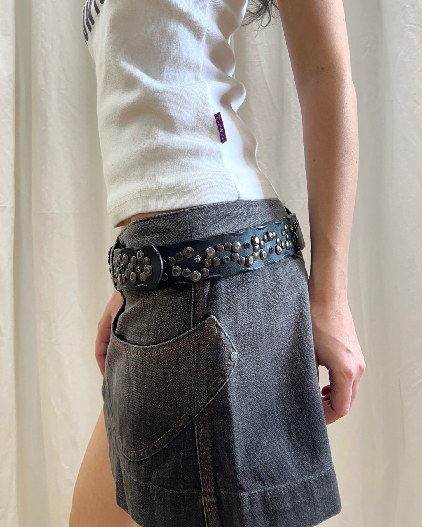Rhinestone Studded Black Genuine Leather Belt
