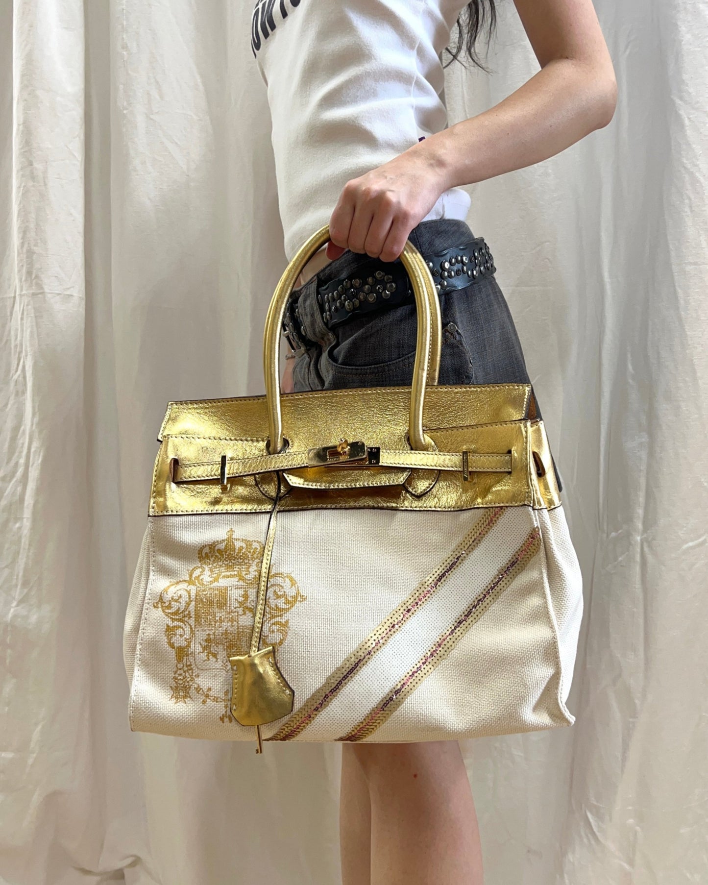 “Firkin” Patched Canvas & Leather Handbag