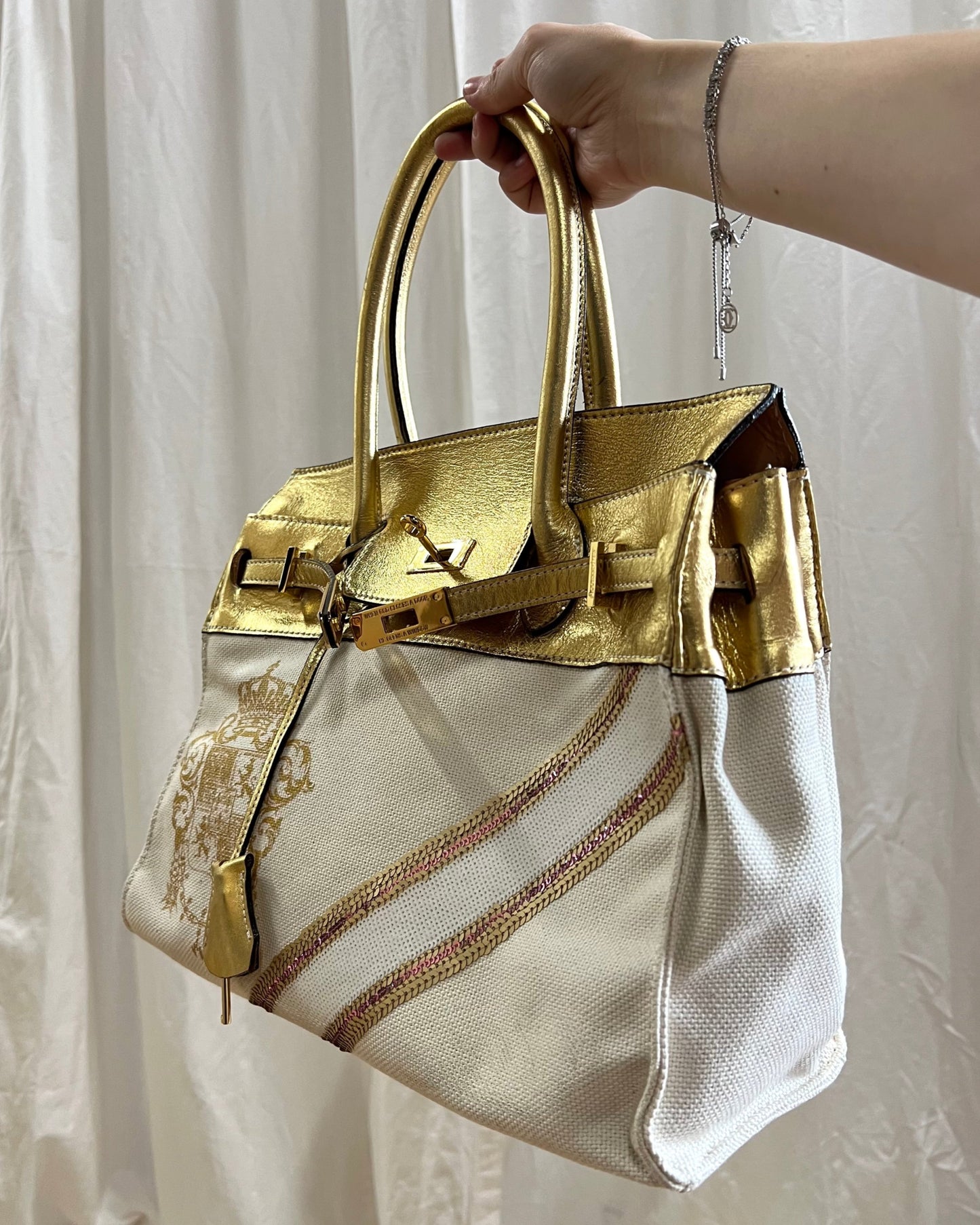 “Firkin” Patched Canvas & Leather Handbag