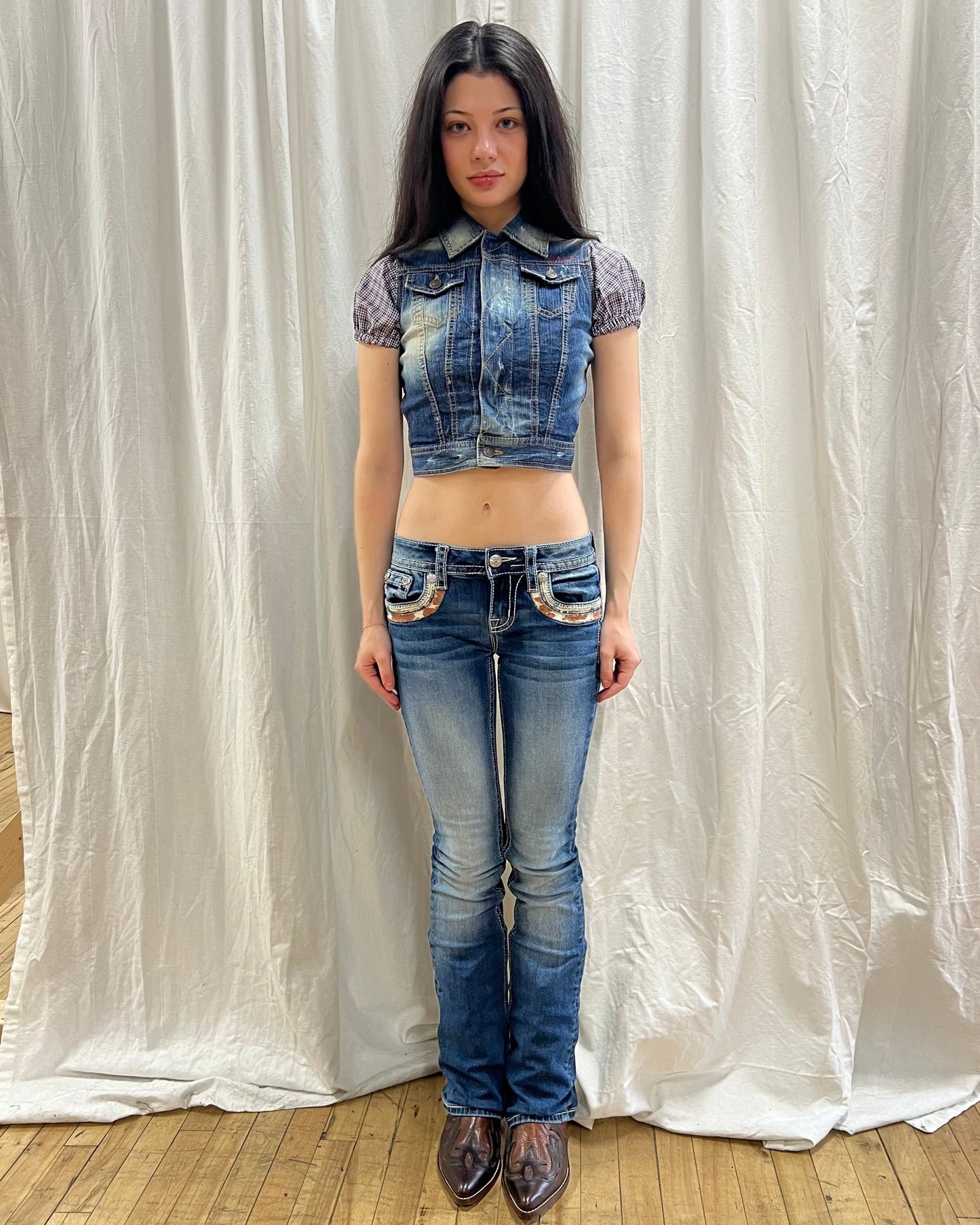 Miss Me Low Rise Flare Cowhide Embroidered Denim