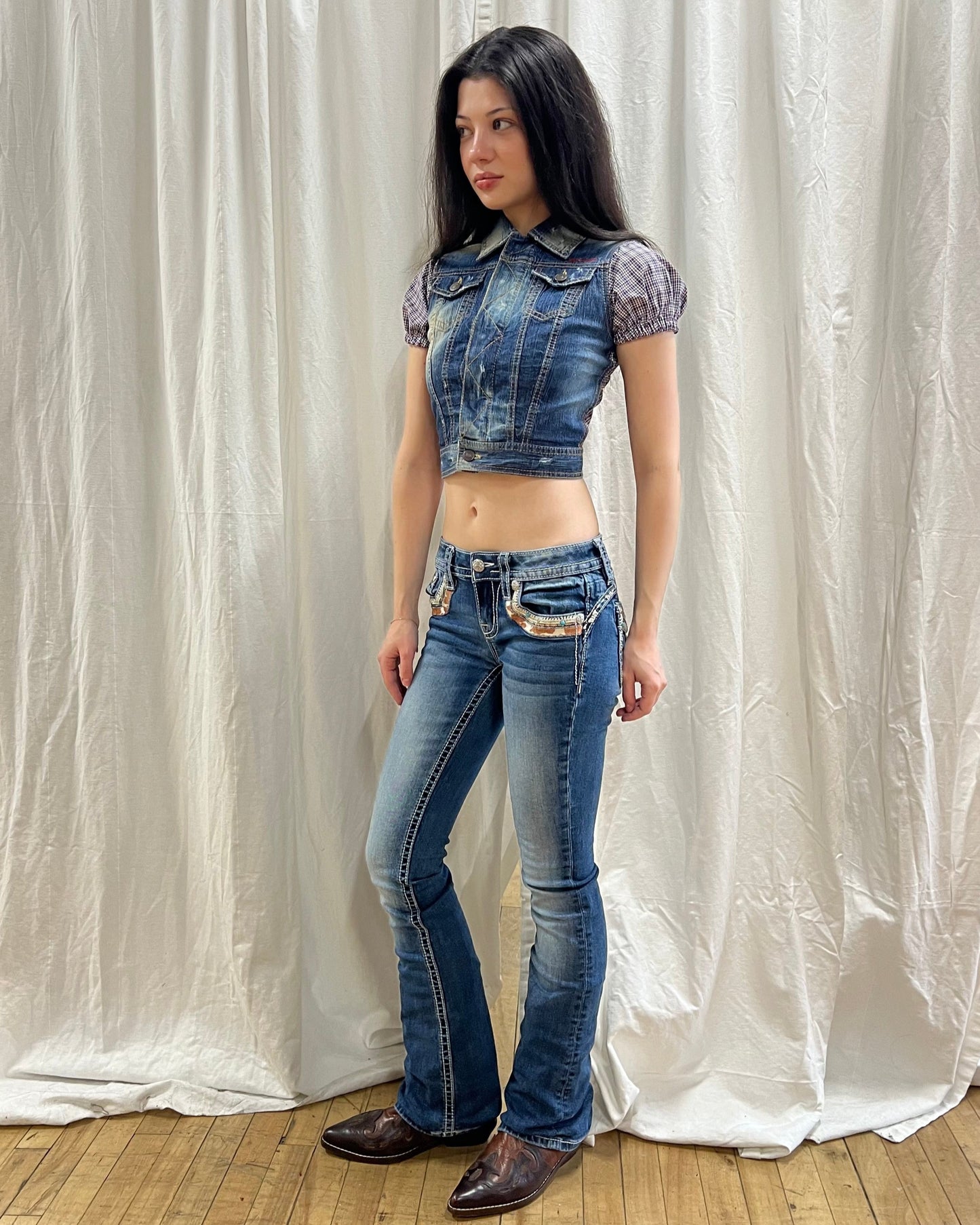 Miss Me Low Rise Flare Cowhide Embroidered Denim
