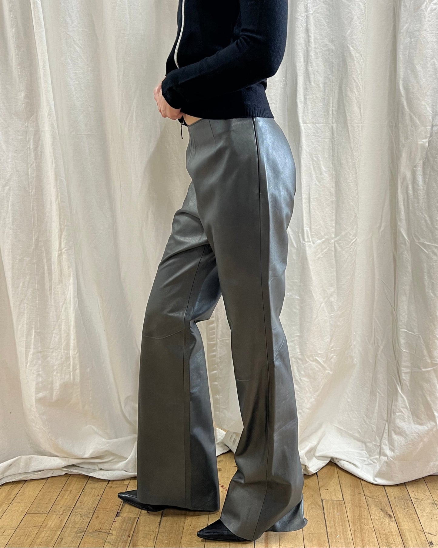 Genuine Leather Flare Leg Trousers