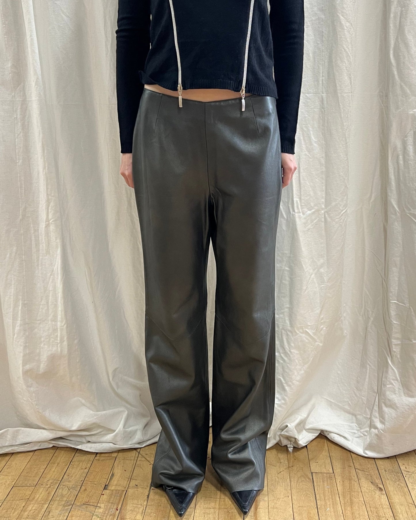 Genuine Leather Flare Leg Trousers