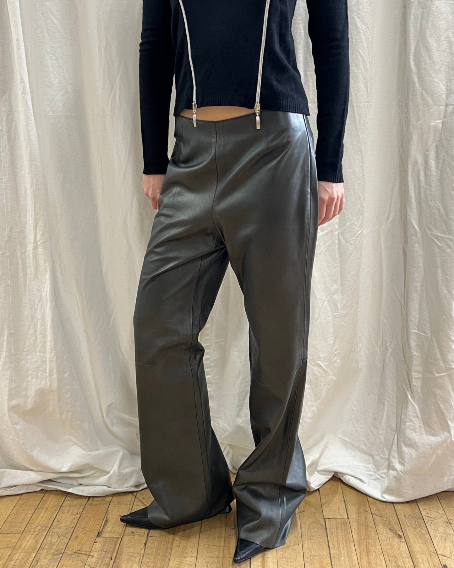 Genuine Leather Flare Leg Trousers