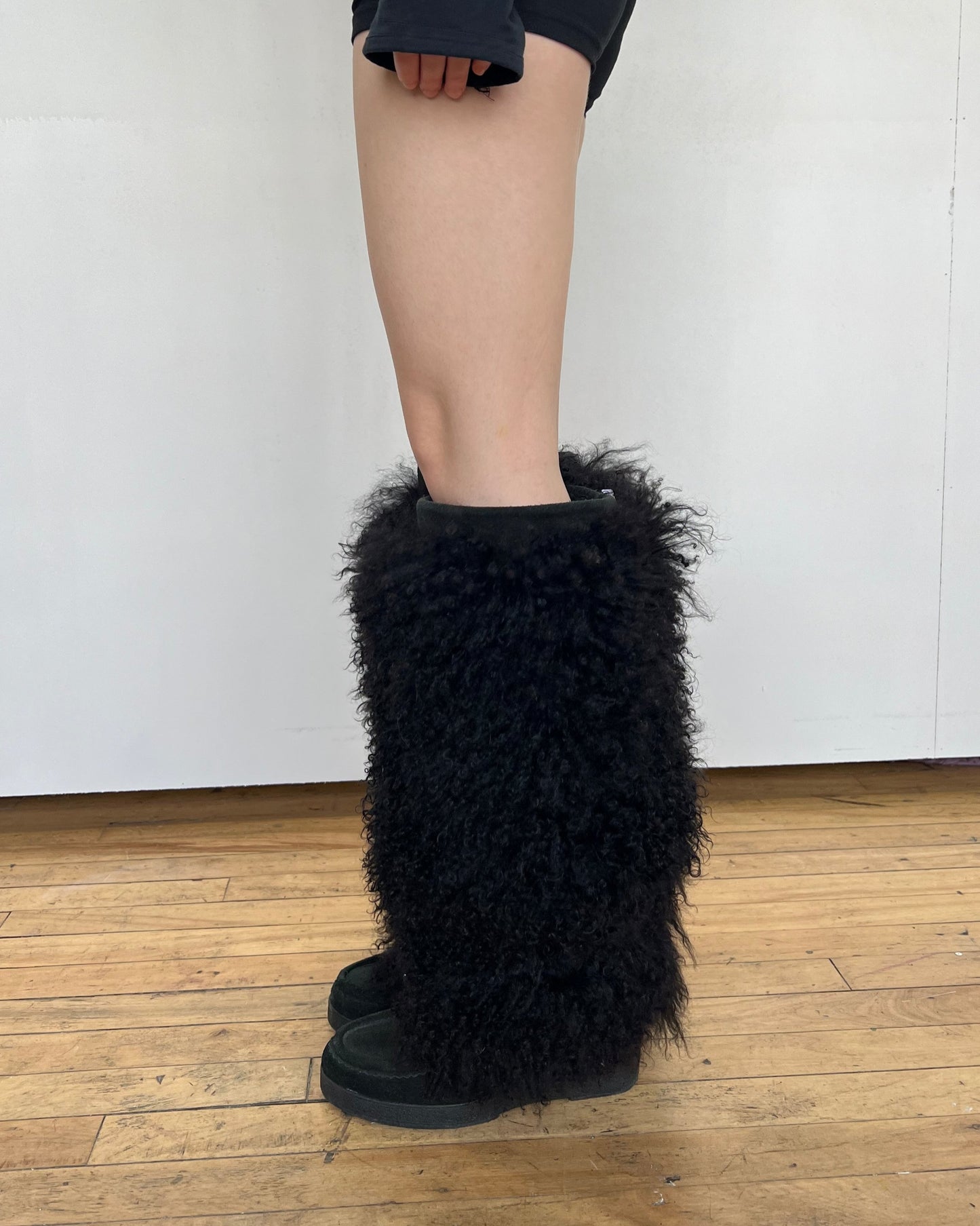 Genuine Mongolian Fur Black Knee High Boots