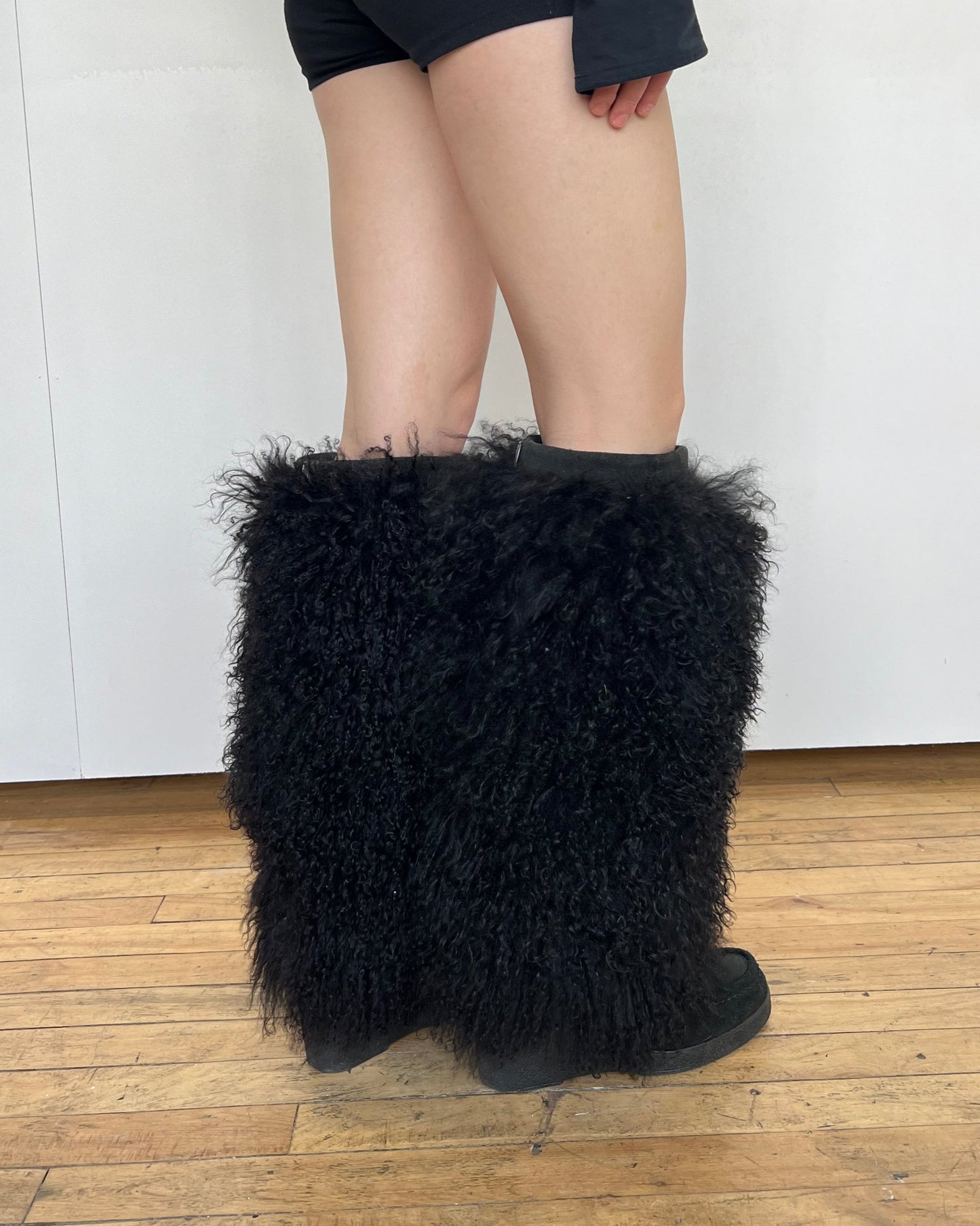 Genuine Mongolian Fur Black Knee High Boots