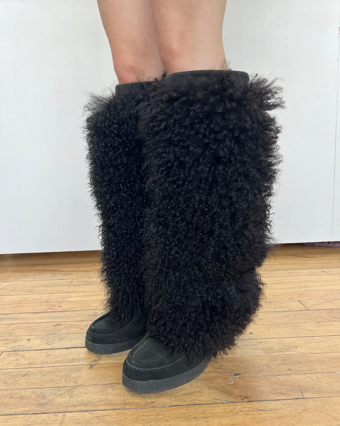 Genuine Mongolian Fur Black Knee High Boots