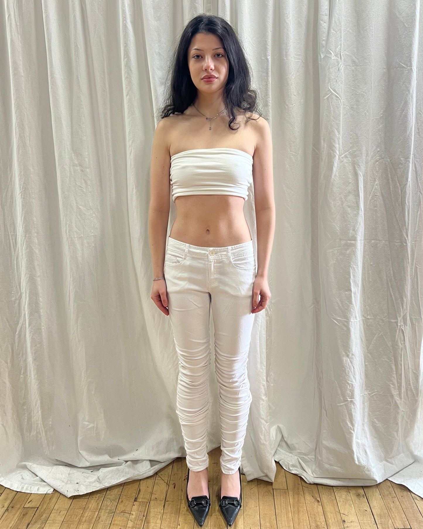 Japanese Designer White Ruched Skinny Pants