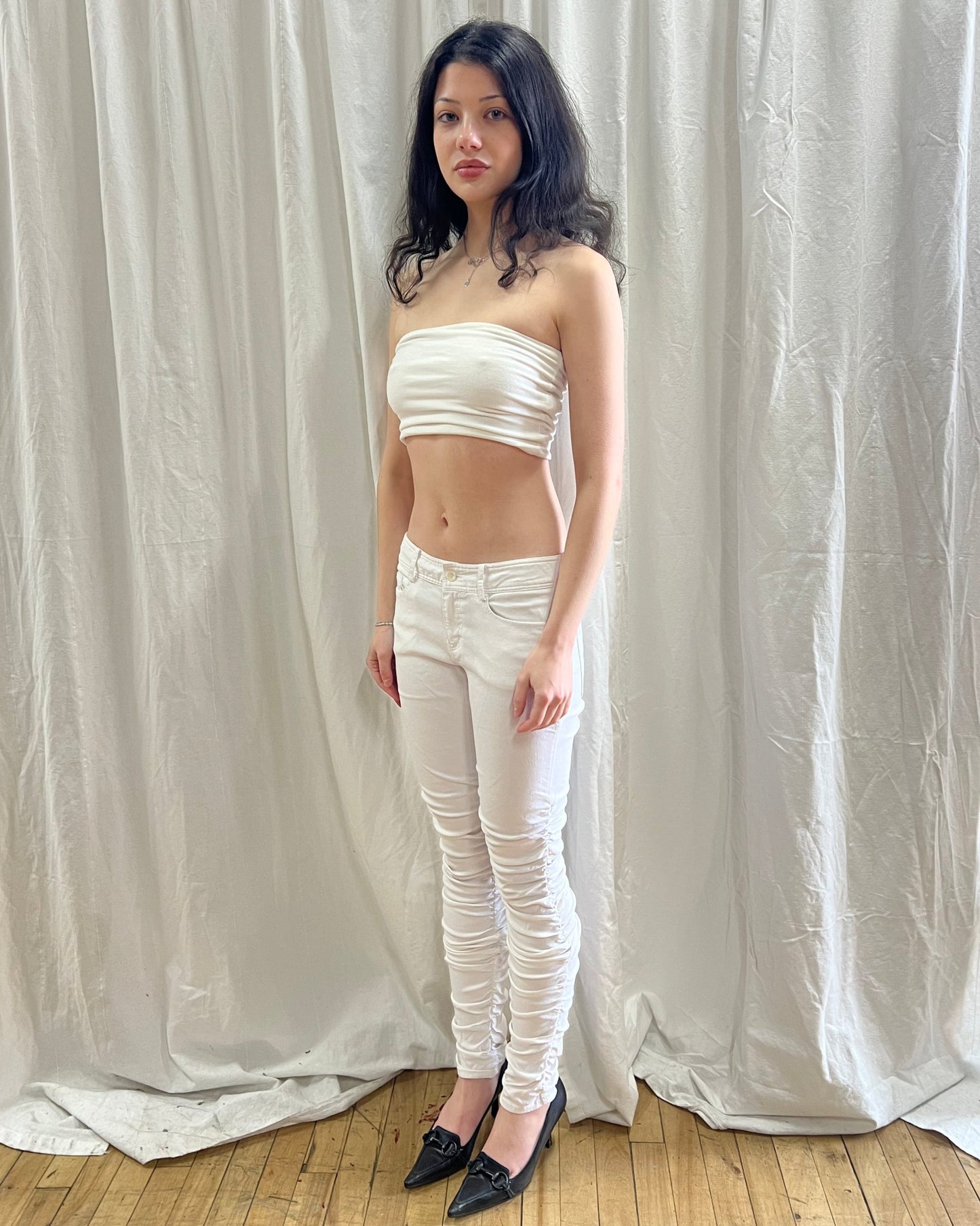 Japanese Designer White Ruched Skinny Pants