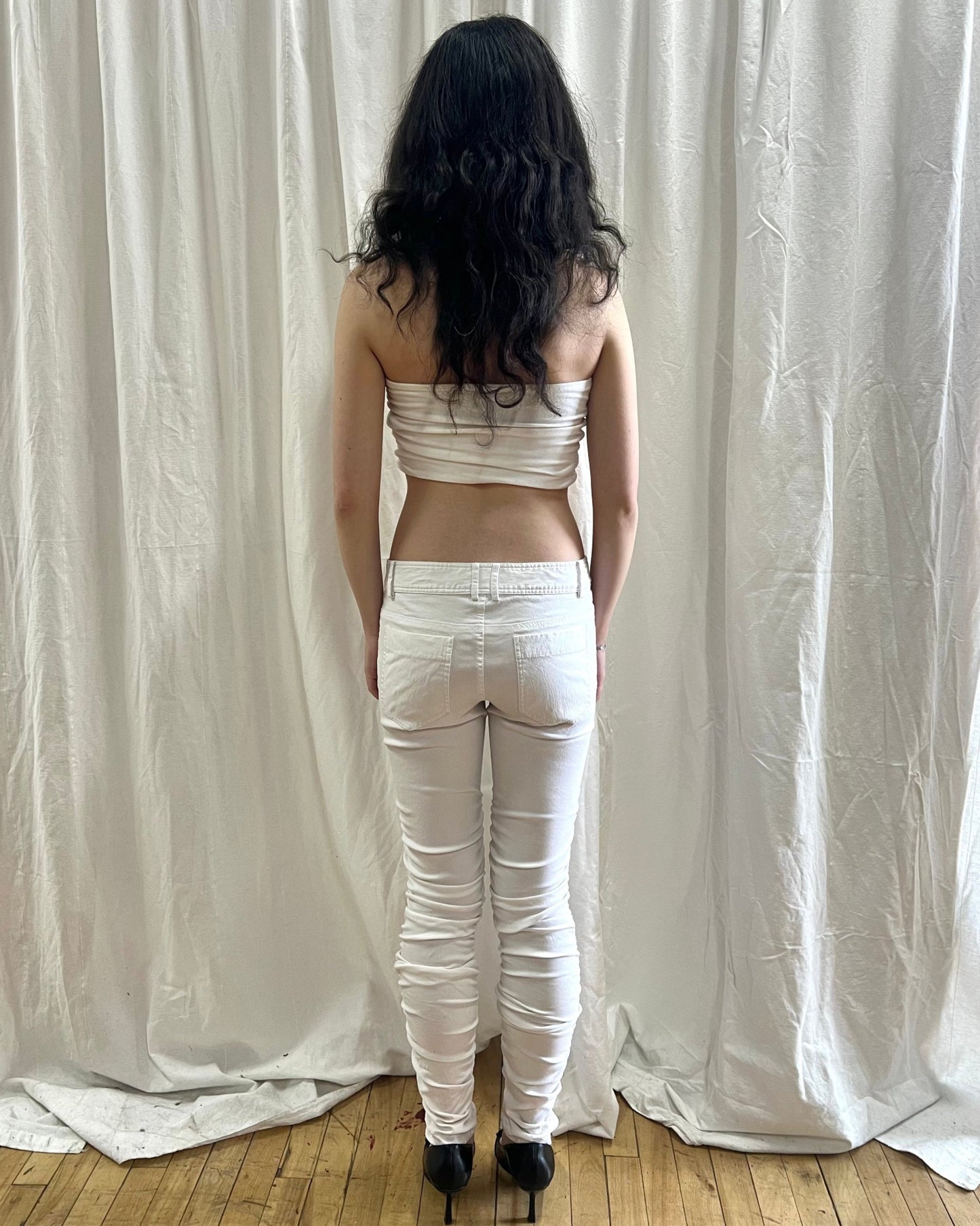 Japanese Designer White Ruched Skinny Pants