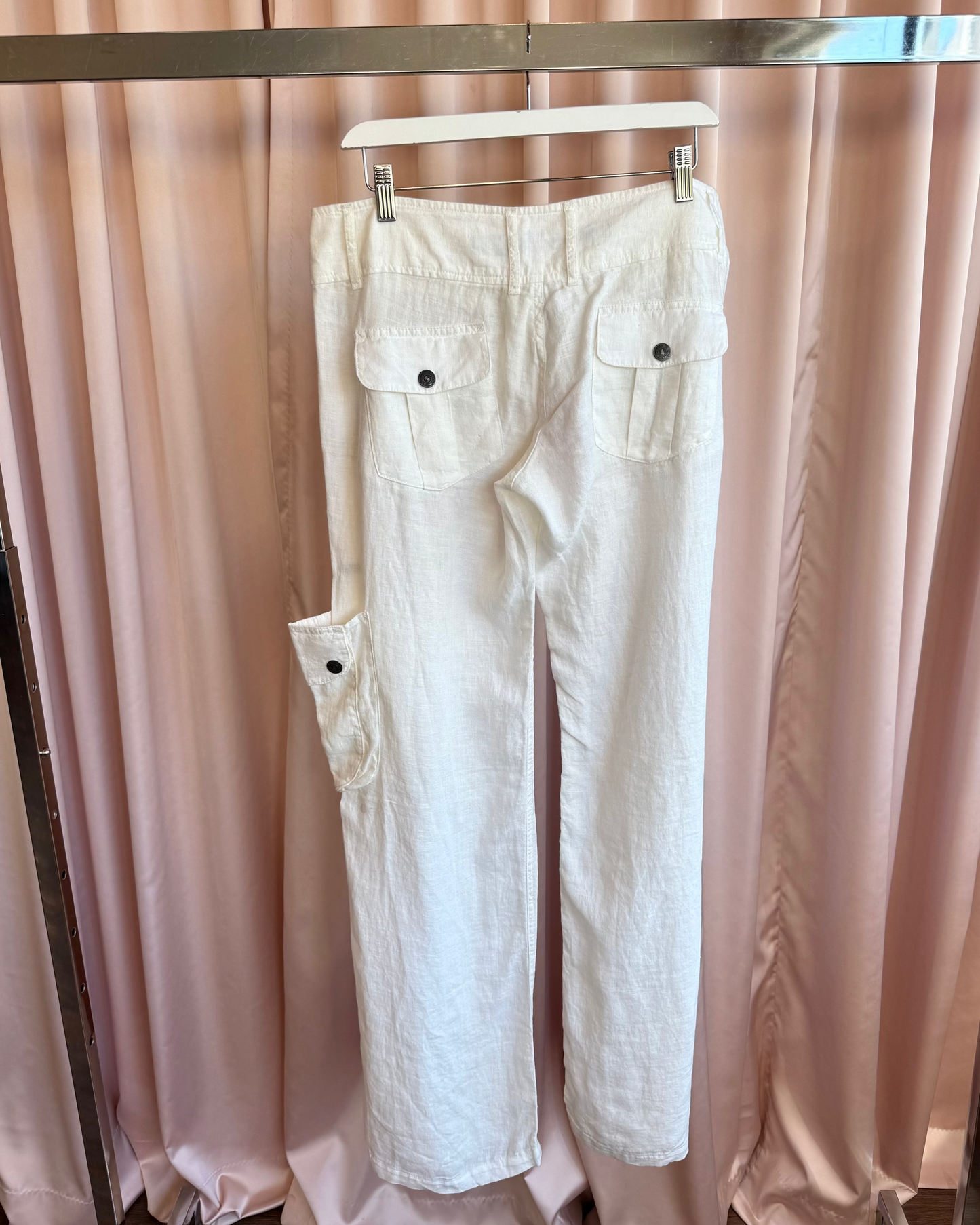 French Brand White Linen Low Rise Wide Leg Cargo Pants
