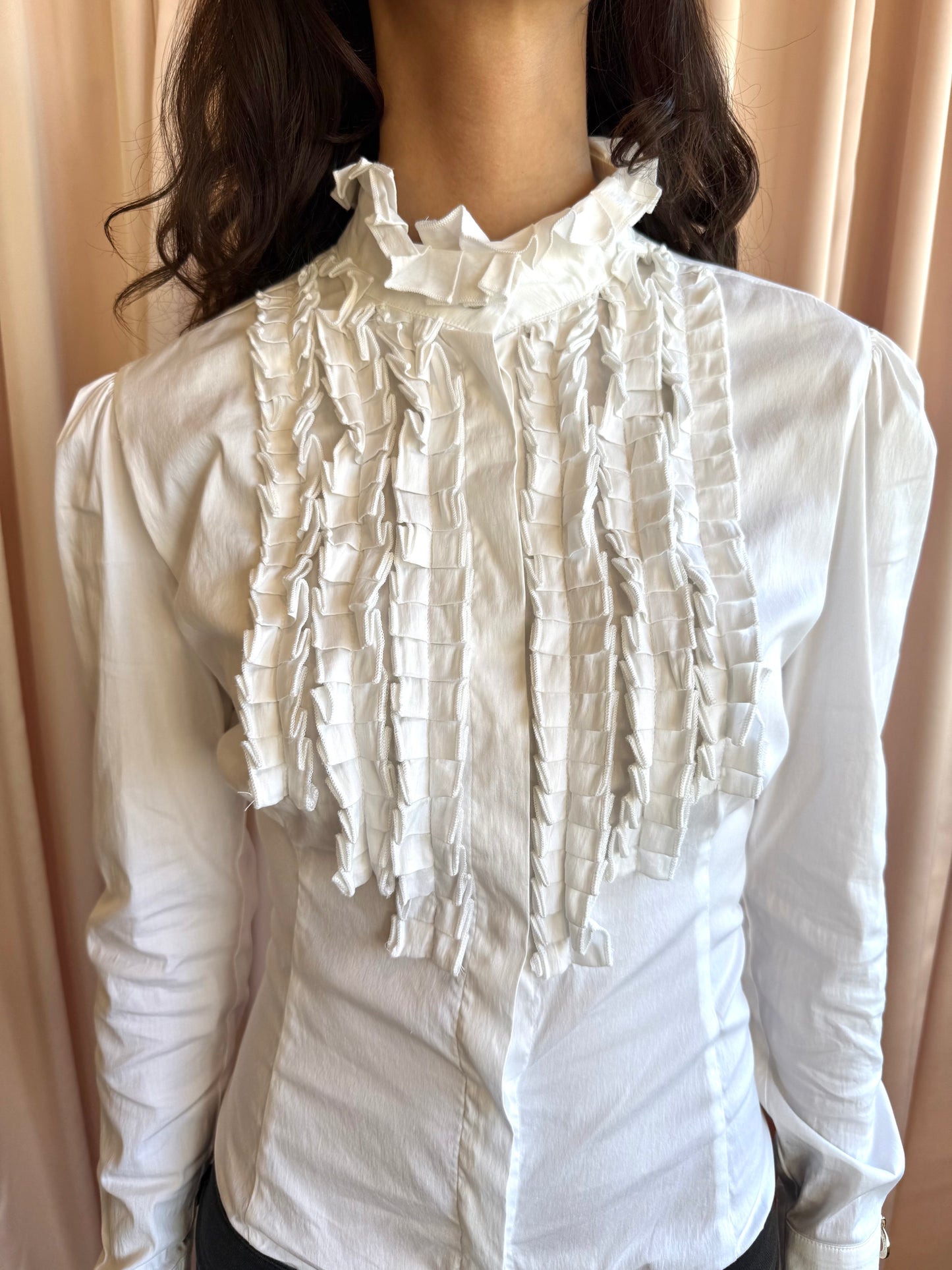 Italian Brand White Ruffled Long Sleeve Shirt Bodysuit
